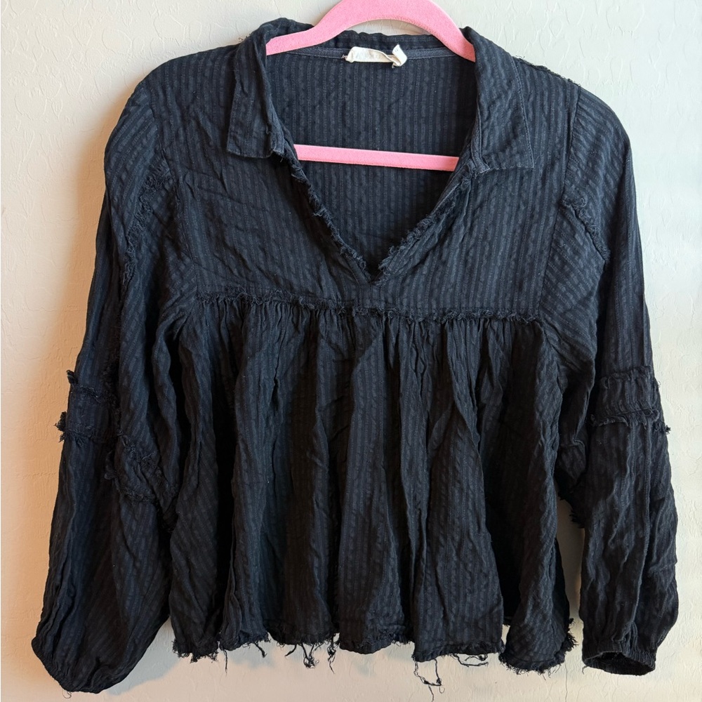 Millibon Black Ruffled Long Sleeve Blouse